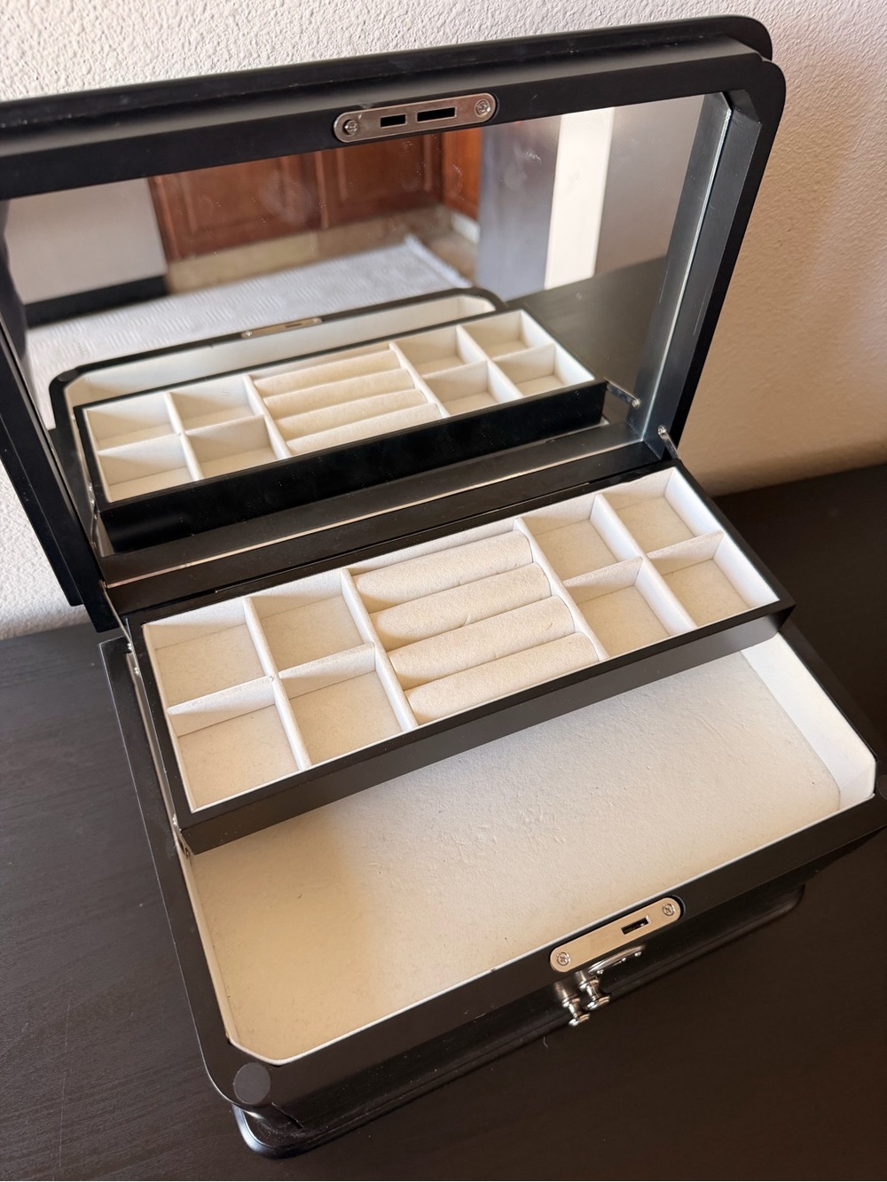 Black Jewelry Organizer Box with Mirror - Multi-Compartment Storage